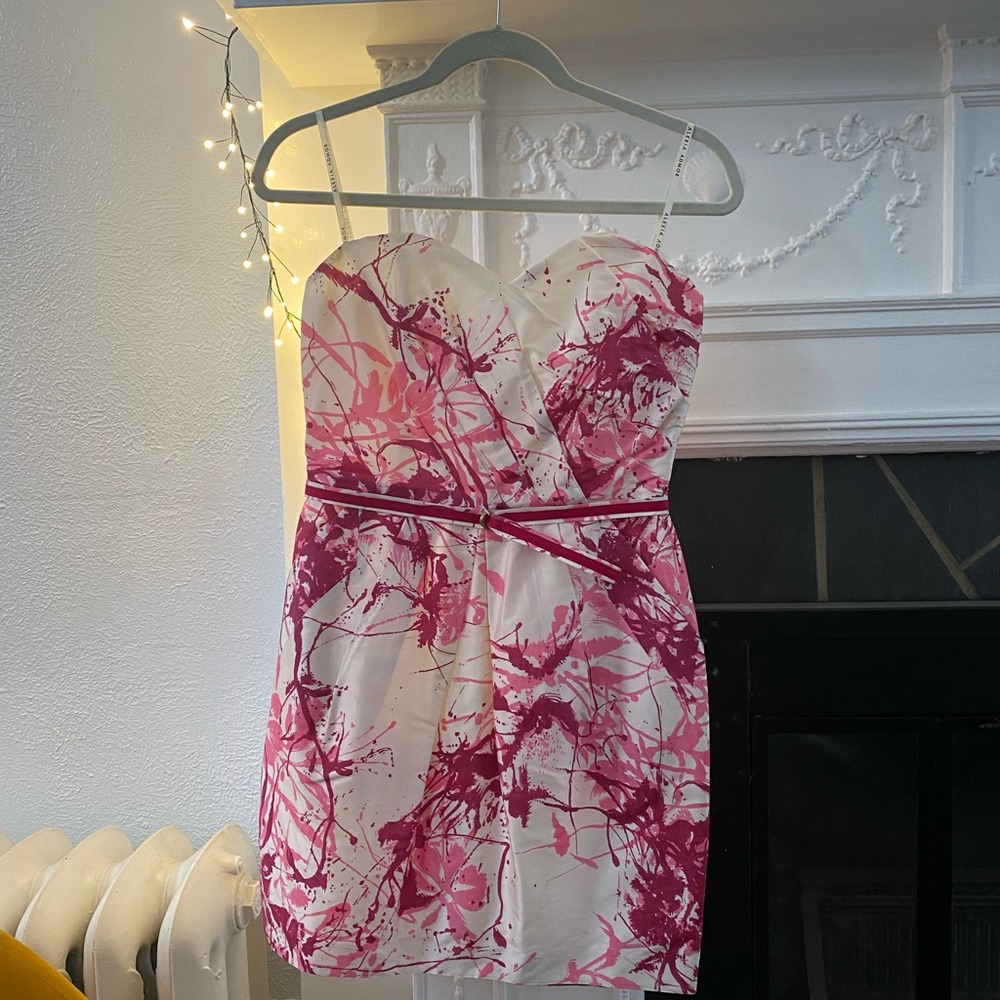 Silk Barbie pink splatter paint strapless minidress with pockets!